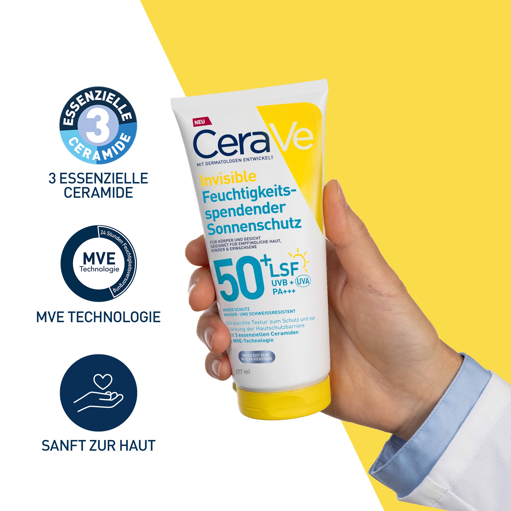 Hand hält CeraVe Invisible Sonnenschutz LSF 50+ Tube. Icons: 3 Ceramide, MVE-Technologie, sanft zur Haut.